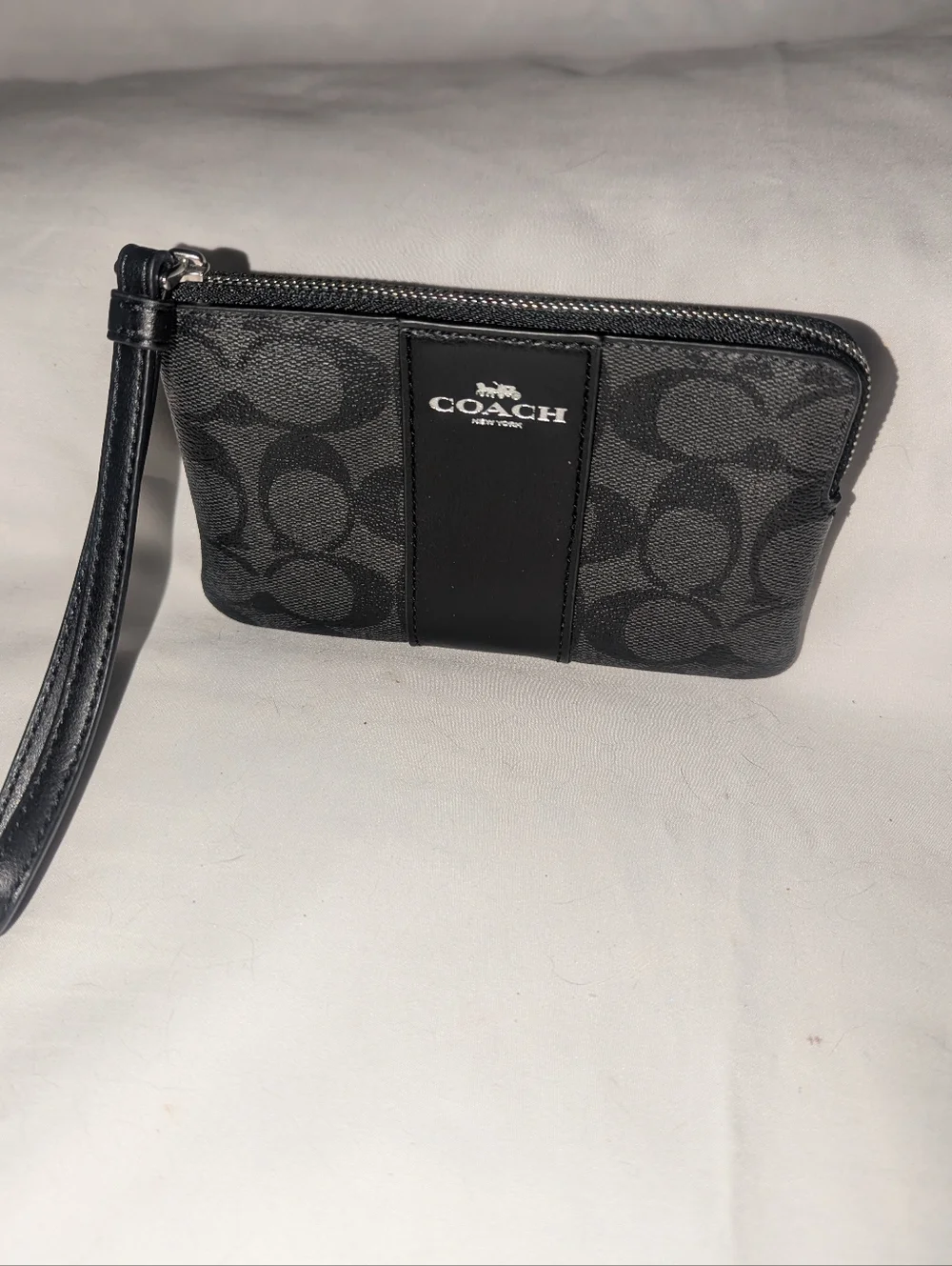 Coach Charcoal Signature Logo Wristlet with Leather Trim.58035